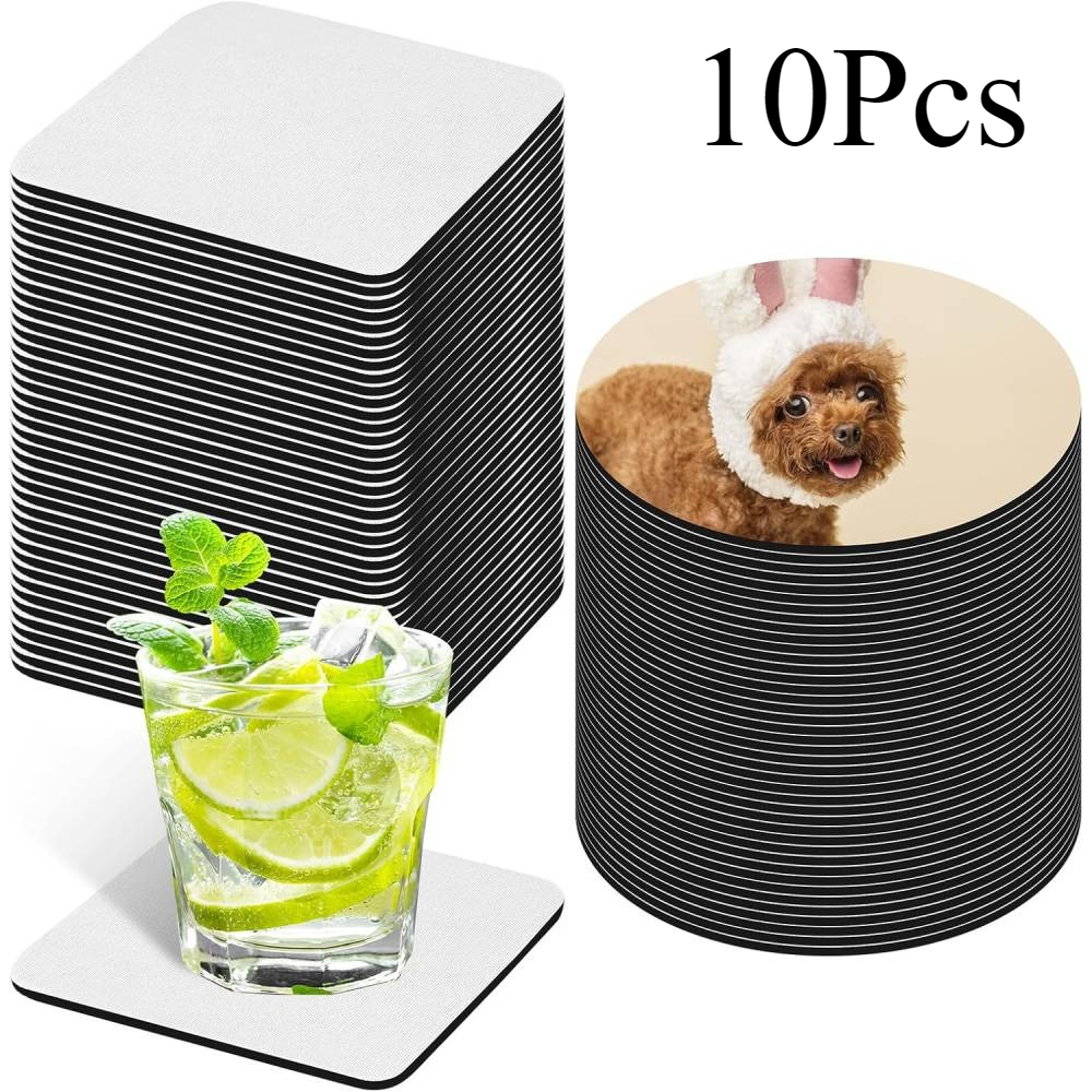 Sublimation Mug Blank - 10個の昇華コースターブランクバルクセット – 熱プレス転写印刷、DIYクラフト用の正方形と丸いゴム製カップマット
